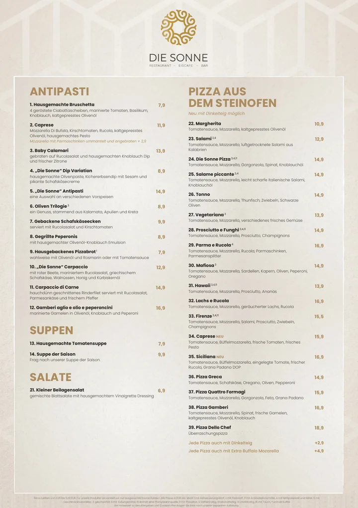 Speisekarte für Die Sonne