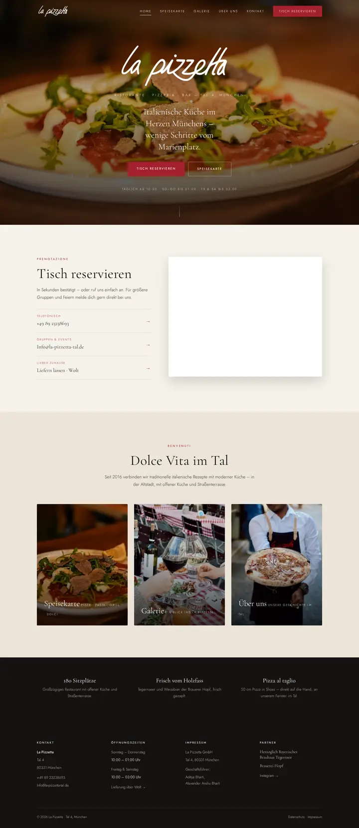 Website La Pizzetta, ganze Startseite